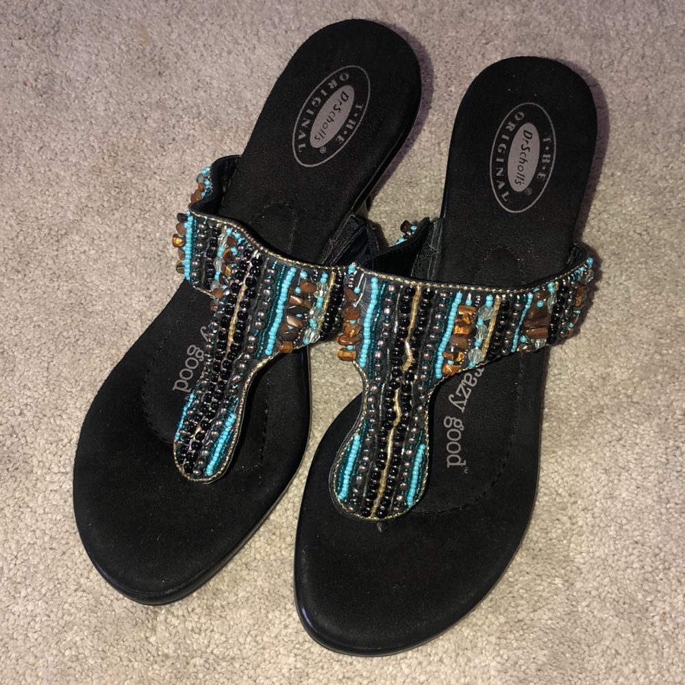 Dr. Scholl's Black Beaded Teal Accent Thong Sandals